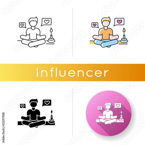 Lifestyle guru icon. Person in meditation pose getting likes. Harmony and stress relief. Life coach. Zen and yoga. Positive attitude. Linear black and RGB color styles. Isolated vector illustrations photo