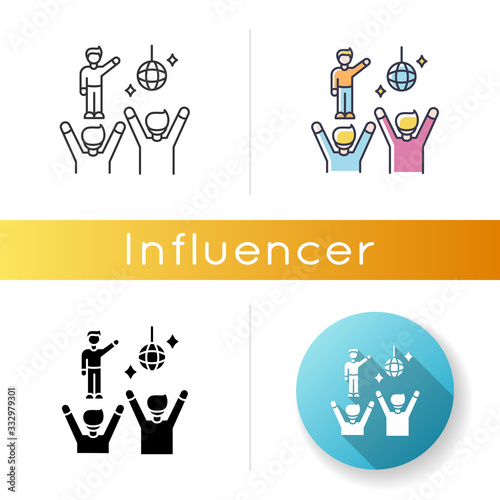 Fan meeting icon. Party in disco club. People dancing at celebration. Nightclub performance. Night life entertainment. Linear black and RGB color styles. Isolated vector illustrations