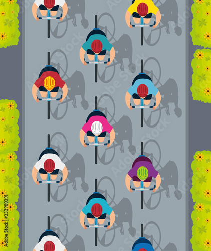 view aerial of group cyclists in championship vector illustration design