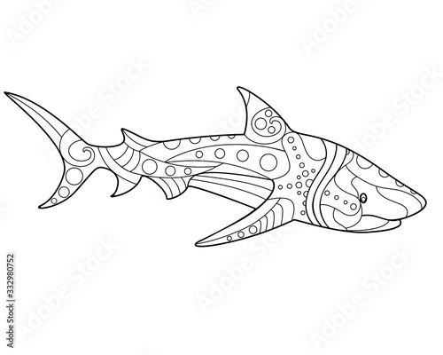Shark - antistress coloring book - vector linear picture for coloring. Sea dweller - Shark - antistress for marine coloring book. Outline. Hand drawing.