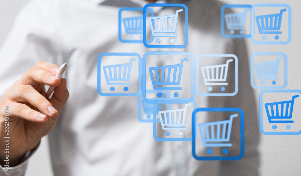 Businessman pressing modern technology panel shopping cart web phone credit card. Businessman pressing modern technology panel shopping cart web phone credit card.