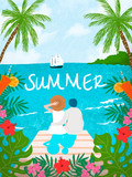Summer holidays and weekends. Vector illustration. A young couple of people on vacation at a resort. Sea, grief, sky, beach, palm trees, tropical leaves, cocktails.
