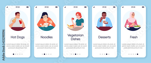 Different food options onboarding mobile app screen vector template. Restaurant menu walkthrough website steps with flat characters. Vegan dishes, snacks and desserts. Smartphone cartoon UX, UI, GUI
