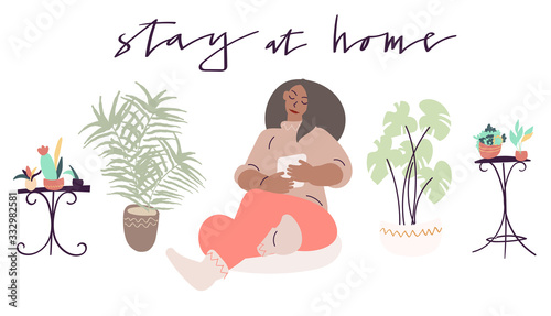 Woman reading from her tablet while staying at home for quarantine. Vector art in minimal style. Handwritten phrase.