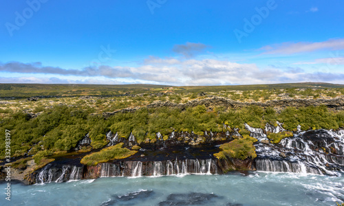 Panorama of Hraunfossar Waterfall in summer, Husafell, Iceland