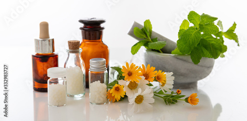 Wild flowers and herbs, mortar and pestle isolated on white background
