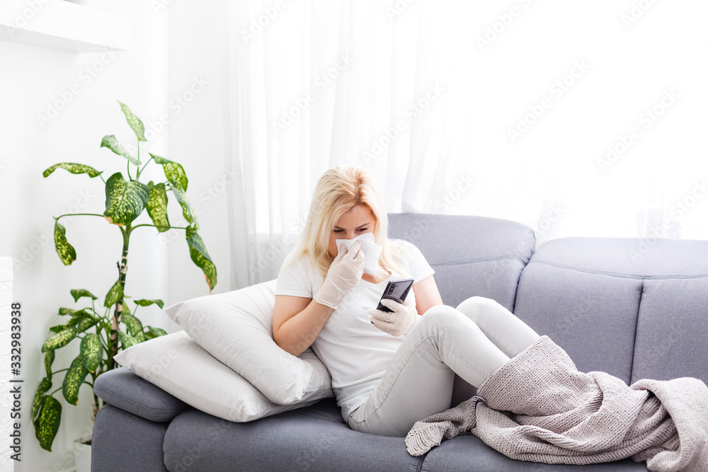 Woman suffer from cough with face mask protection. Woman suffer from cough with face mask protection.