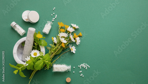 Homeopathy, globules and herbs on green background photo