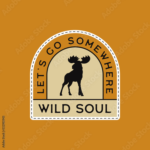 Vintage camp patches logo, wild life badge. Hand drawn sticker design. Travel expedition, backpacking label. Outdoor wanderlust emblem with moose. Stock vector.