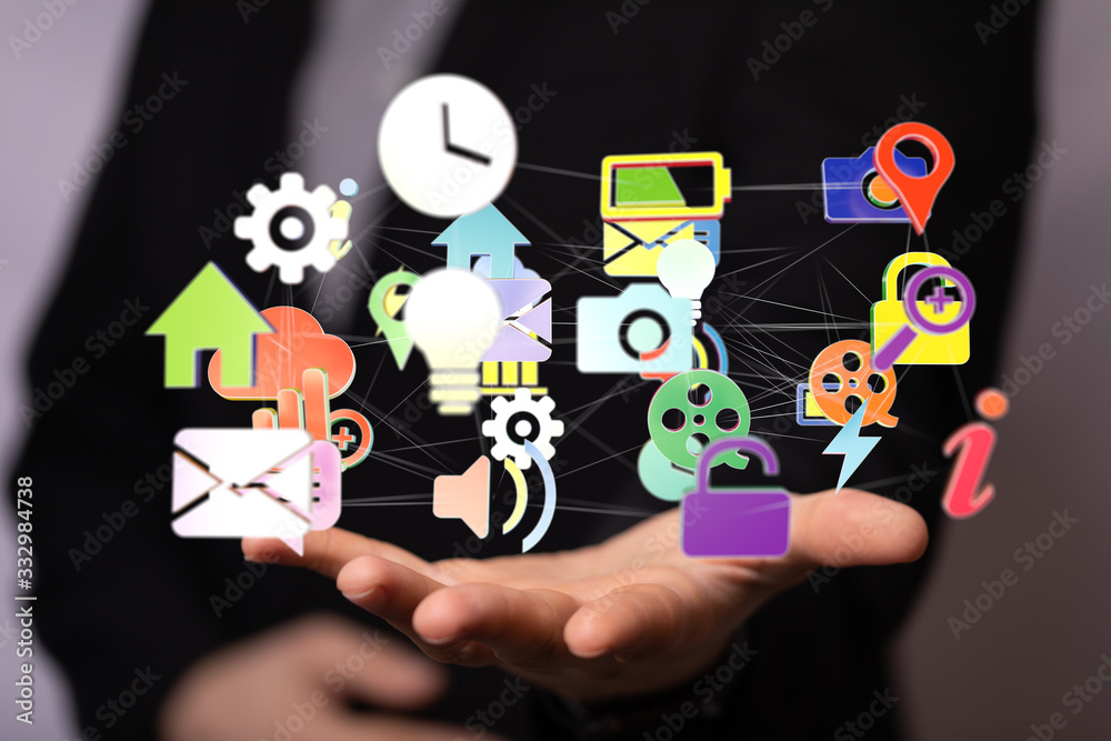 cloud connected to many objects on a virtual screen. cloud connected to many objects on a virtual screen.