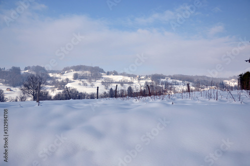 View of some houses covered by snow, in february 2015. This is a place in nature, in the french Alps. There's trees (hardwood) and snowy fields. It's seems quiet, silent and peaceful. 