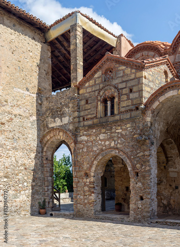 The patio christian  orthodox church close-up  Mystras  Greece  Peloponessus 