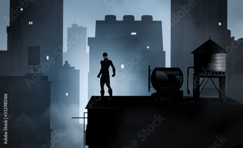 Obraz na płótnie Superhero in costume on rooftop overlooking cityscape
