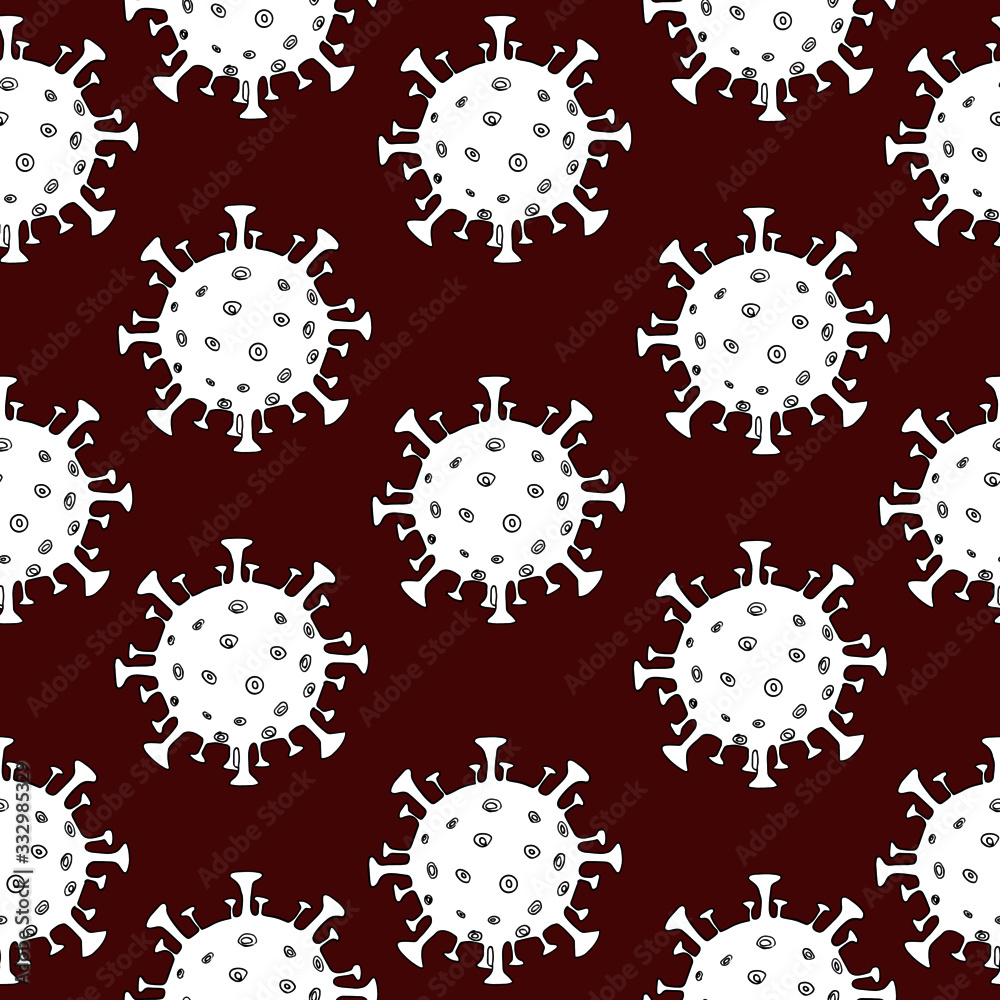 Abstract seamless pattern with virus on red background in cartoon style. Vector template for fabric, poster, banner, flyer, etc.