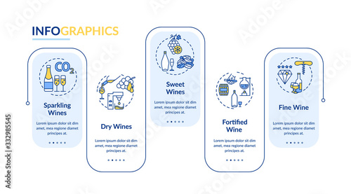 Wine tasting vector infographic template. Alcohol drinks for party presentation design elements. Data visualization with 5 steps. Process timeline chart. Workflow layout with linear icons