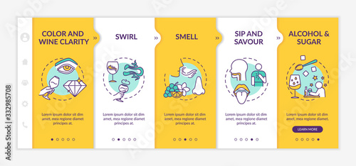 Wine tasting onboarding vector template. Sip and savour. Alcohol and sugar. Beverage quality assessment. Responsive mobile website with icons. Webpage walkthrough step screens. RGB color concept