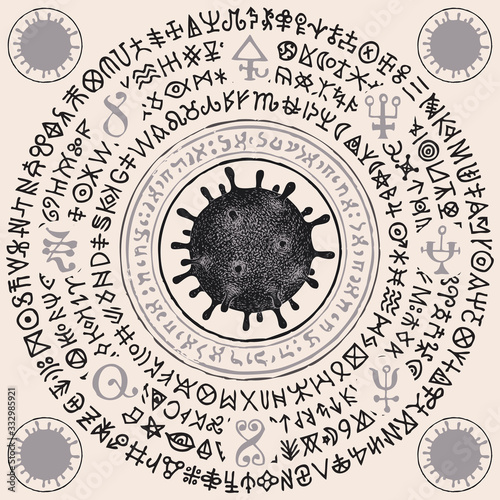 Vector banner with virus cells and magic runes. A hand-drawn mandala with dangerous COVID-19 virions and doodles that imitate magic symbols but do not give information. Stop coronavirus concept