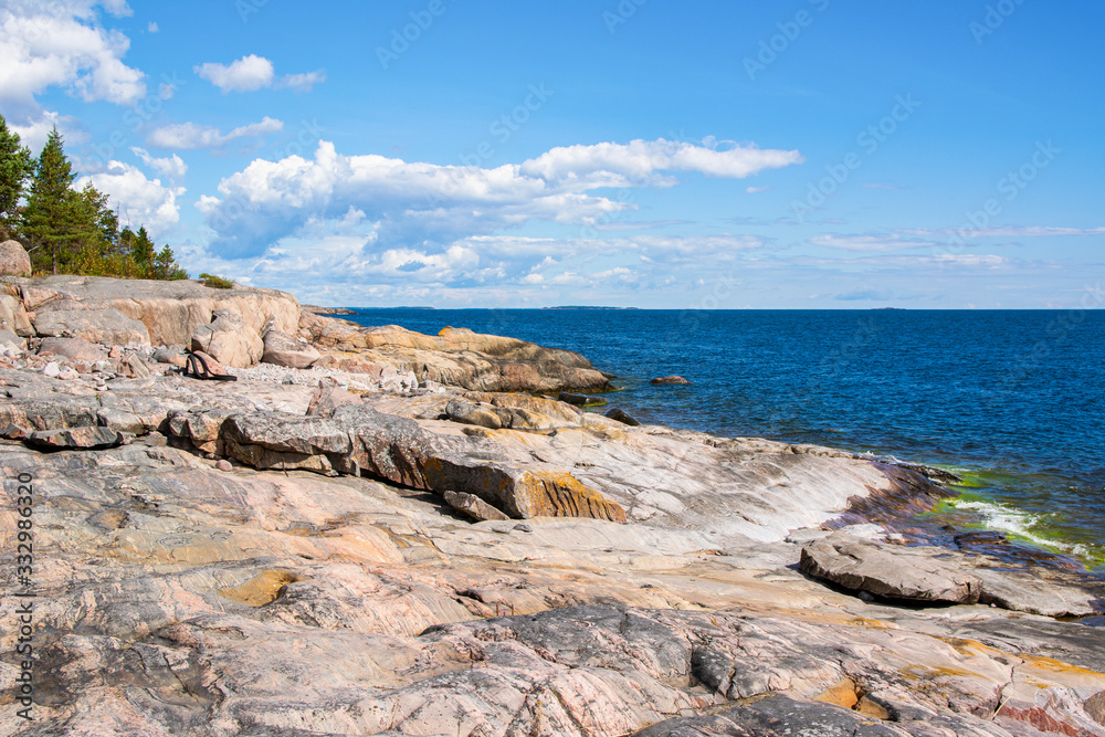View of the rocky shore and Gulf of Finland, Isosaari island, Helsinki, Finland