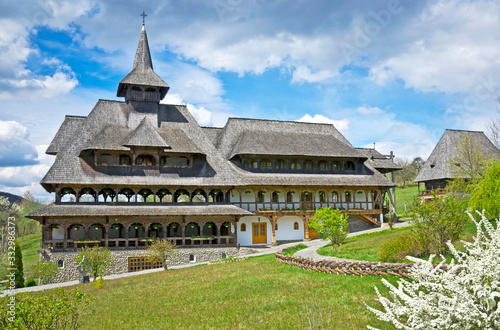 Barsana Monastery, wooden structure in the same specific style of local popular architecture, located in Maramures, Romania.