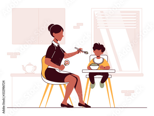 Vector illustration of a babysitter who takes care of a baby
