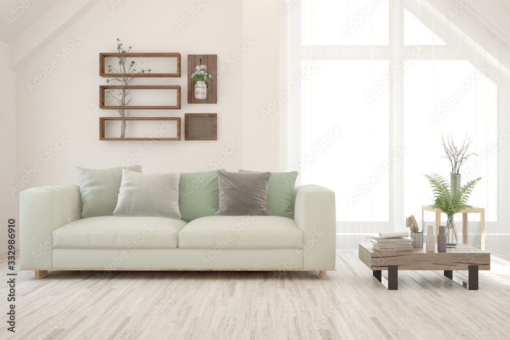 Fototapeta premium White living room with sofa. Scandinavian interior design. 3D illustration