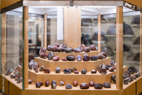 Geology display of polished rocks in natural history museum