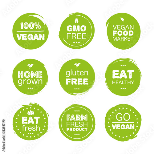 Fresh healthy organic vegan food eat set logo labels and tags the different design and green color. Vector hand drawn objects