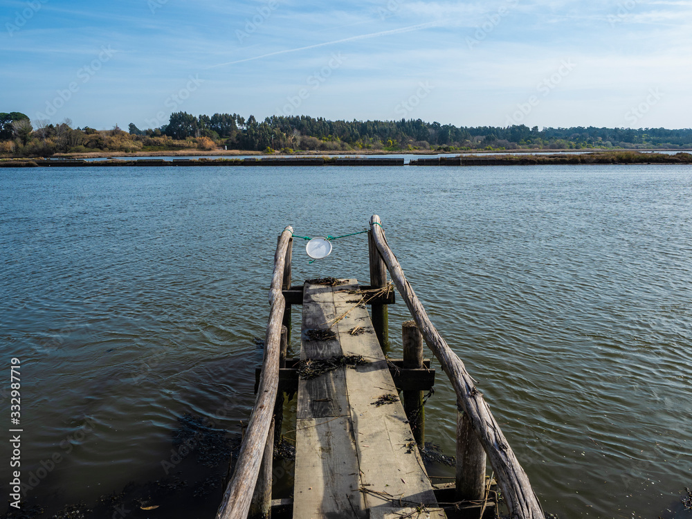 Embarcadero de madera en un río solitario