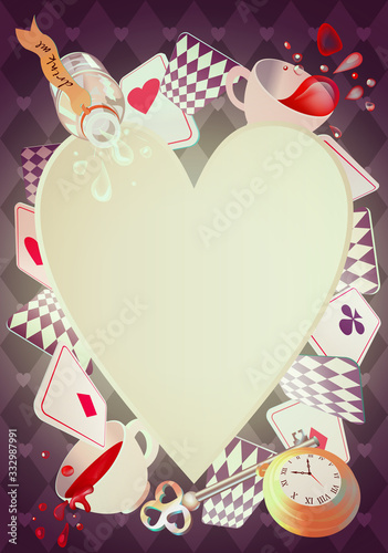 Alice in Wonderland. Playing cards, pocket watch, key, cup and poison falling down the rabbit hole. Frame. We are mad here. Vector background