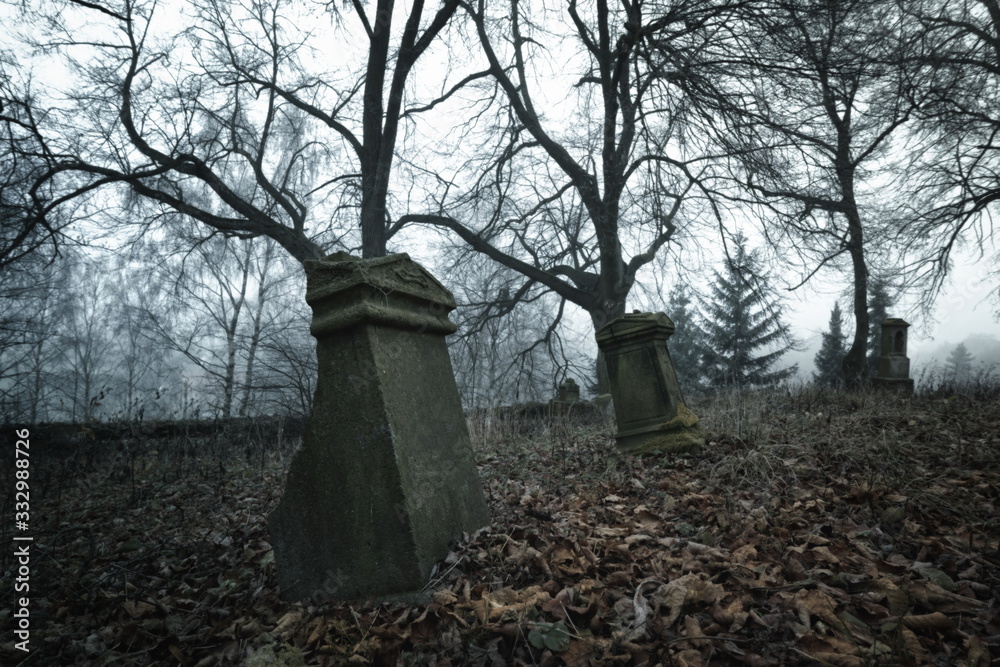 Decayed graves at a foggy day