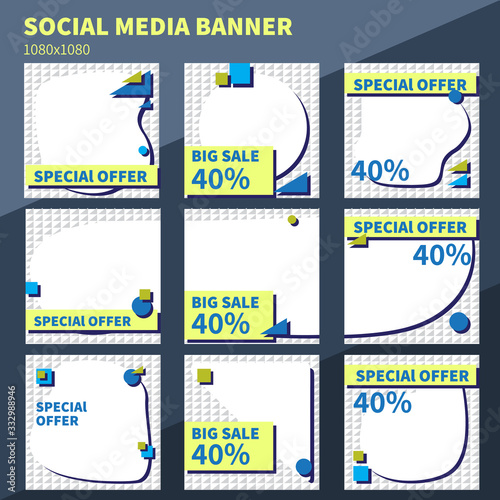 Set of square banners for social network post. Banners in geometric style for post  flyers  coupons  gift cards. Easy to edit. Vector template. 1080x1080