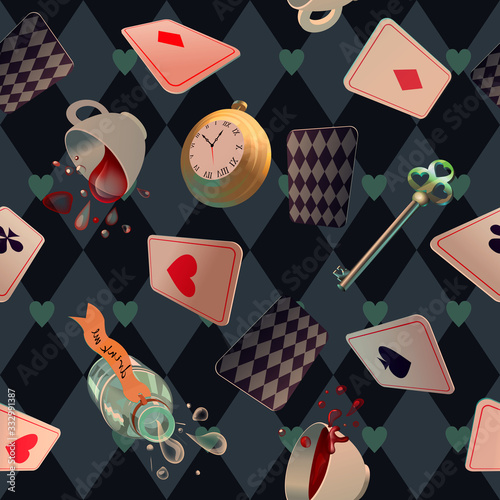 Alice in Wonderland. Playing cards, pocket watch, key, cup and poison falling down the rabbit hole. Seamless pattern