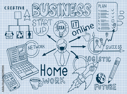 Business doodle sketch set: infographics elements isolated, vector shapes. Distant work. Work at home. Isolation during a pandemic. Vector hand drawn blueprint illustration