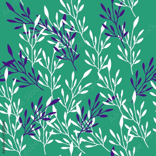Fotografie Hand drawn twigs seamless pattern on green background.
