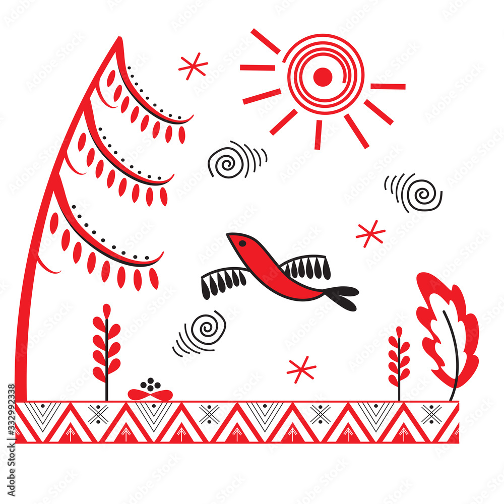 Obraz premium Folk art style.Bird flies in the forest