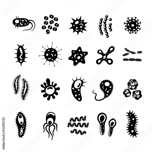 Bacteria and viruses collection in flat style  micro-organisms disease-causing objects. Different types  bacteria  viruses  coronavirus  infusorium  streptococcus  fungi  protozoa.