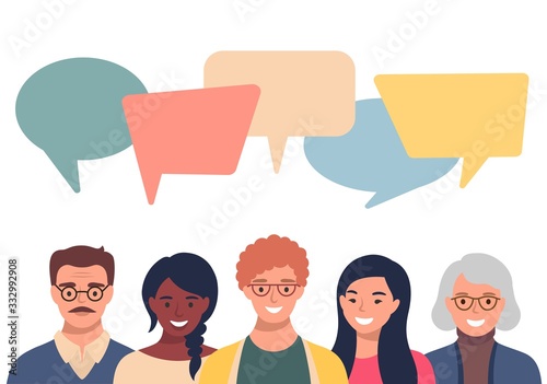 People avatars with speach bubbles. Men and woman communication, talking llustration. Coworkers, team, thinking, question, idea, brainstorm concept.