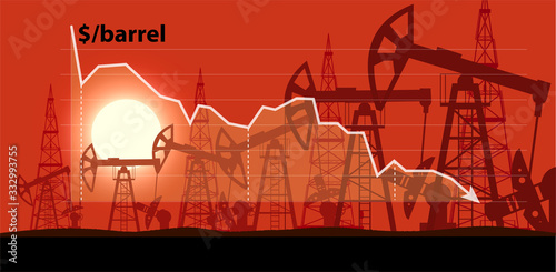 Industrial landscape of oil production against the background of a graph of falling prices per barrel vector illustration
