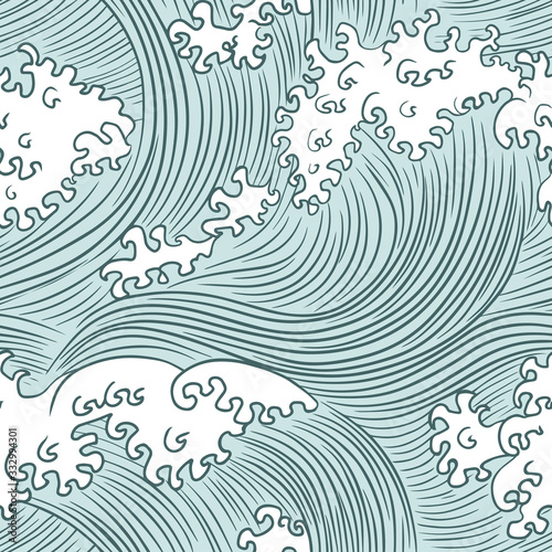 3D Fototapete Wellen - Fototapete Waves in Japanese style. Seamless pattern in green colors