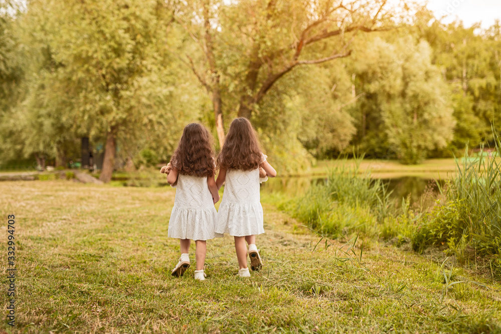 Fototapeta premium Little twin girls walking in park