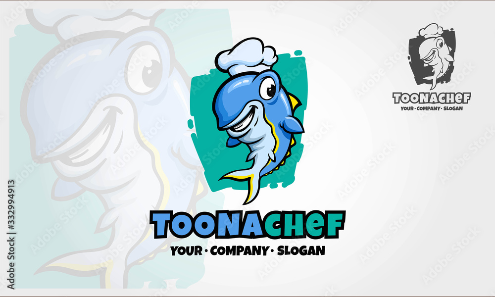 Toonachef Vector Logo Illustration. Illustration of a fish chef in cartoon style. Cartoon happy fish characters. Toonachef Vector Logo Illustration. Illustration of a fish chef in cartoon style. Cartoon happy fish characters.