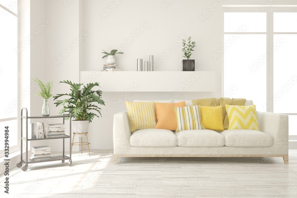 White living room with sofa. Scandinavian interior design. 3D illustration White living room with sofa. Scandinavian interior design. 3D illustration
