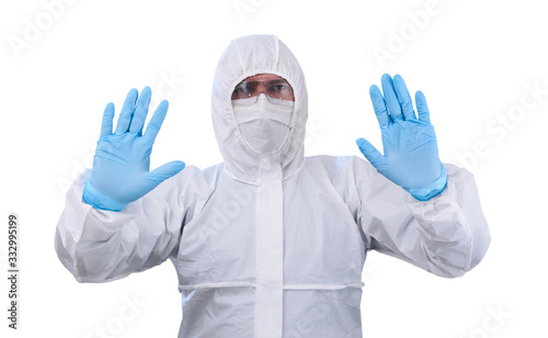 Photography man epidemiologist in coverall disposable anti-epidemic antibacterial isolation