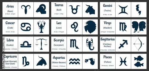 Astrological icons, symbols and zodiac signs, black on a white background.