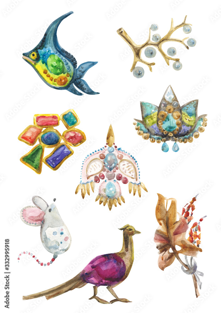 Obraz premium Set of watercolor brooches, set of jewelry and bijouterie, isolated on white background.