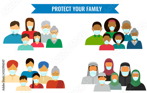 Family in protective medical masks. Protection mask against virus, infectious diseases and flu. Vector