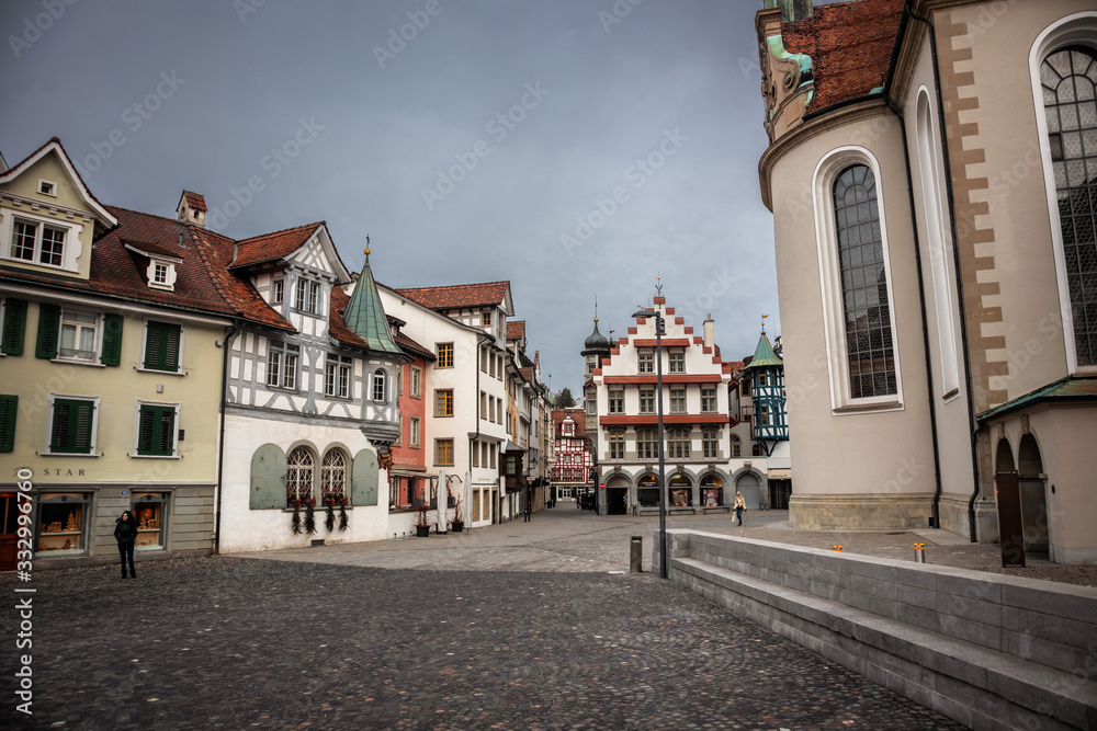 Old historical buildings on main square in St Gallen, town in Switzerland