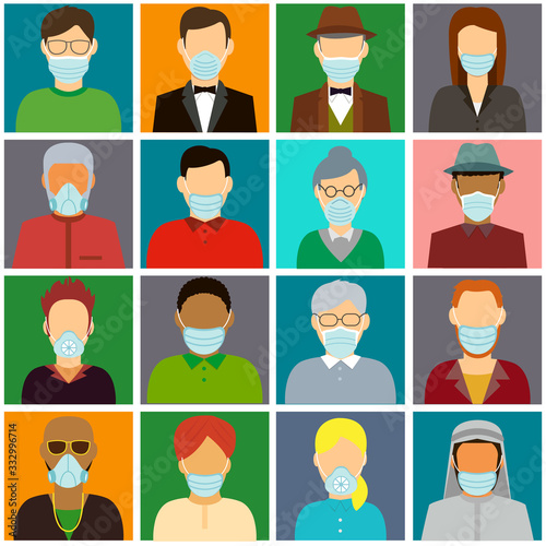 People in protective medical masks. Protection mask against virus, infectious diseases and flu. Coronavirus quarantine concept. Vector