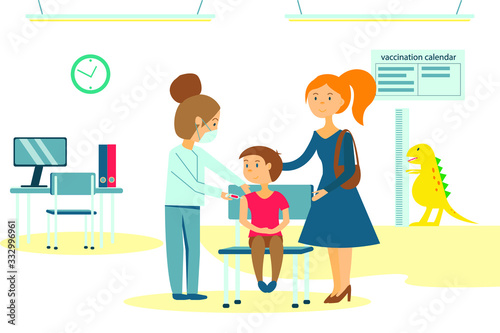Vaccinate. Landing page template. Modern flat design. Vector illustration with doctor and mom with girl