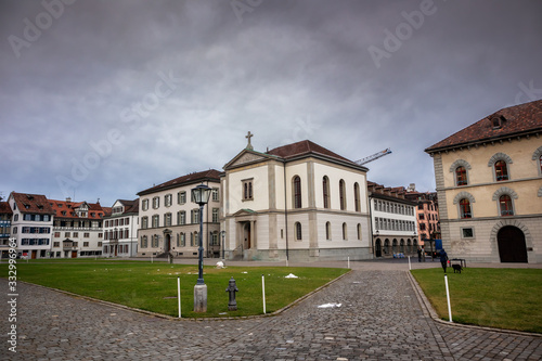 Old historical buildings on main square in St Gallen, town in Switzerland
